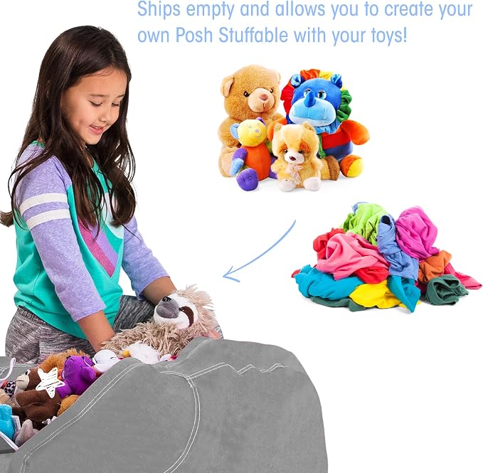 Posh Stuffable Kids Stuffed Animal Storage Bean Bag Chair Cover - Childrens Toy Organizer, Large 38" - Solid Gray - Image 3