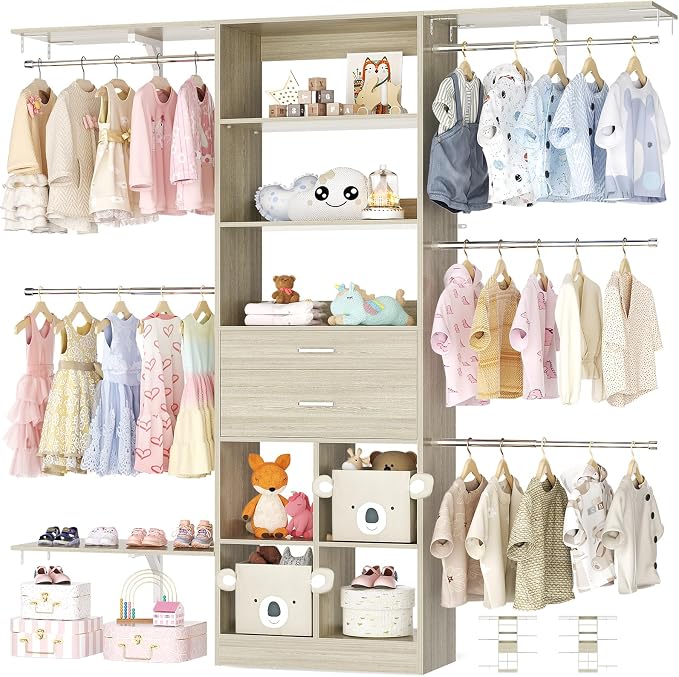 5FT Small Closet System, Baby Closet Organizer System with Wooden Drawers, 60 Inches Walk in Closet System with 5 Hanging Rods and 3 Reversible Hanging Shelving, Greige Oak by Besiost