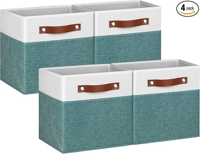 11 Inch Cube Storage Bin - 4 Pack - Linen Fabric 11x11 Cube Storage Bins for Bedroom, Living Room, Clothes and Toys; Foldable, Dual Leather Handles by Pomatree