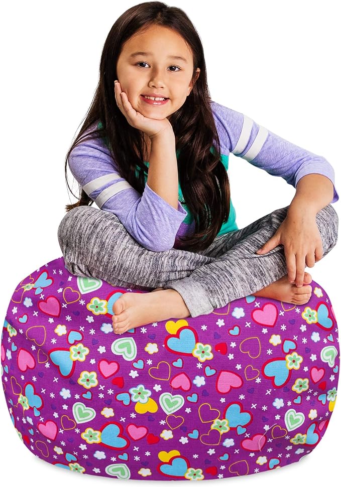 Posh Creations Stuffable Kids Stuffed Animal Storage Bean Bag Chair Cover - Childrens Toy Organizer, Medium-27 - Canvas Multi-Colored Hearts on Purple by PoshCreations