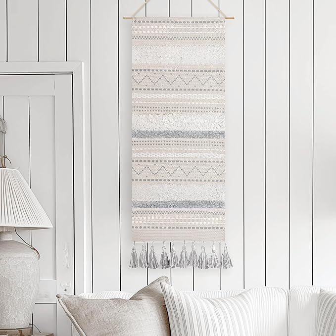 BlissBlush Long Vertical Wall Hanging Tapestry Woven Boho Farmhouse Decor Gray Cream Tassel Handmade Wall Art Decoration for Bedroom Living Room Dorm Nursery Apartment, 16x39 INCH by BlissBlush