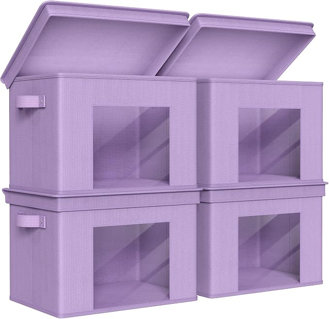 Univivi Fabric Storage Bins with Lids for Closet, 4 Pack, Purple | Fabric Foldable Storage Boxes, Sturdy Collapsible Storage Bins with Clear Window, Storage Cubes for Home, Closet, Shelves by Univivi
