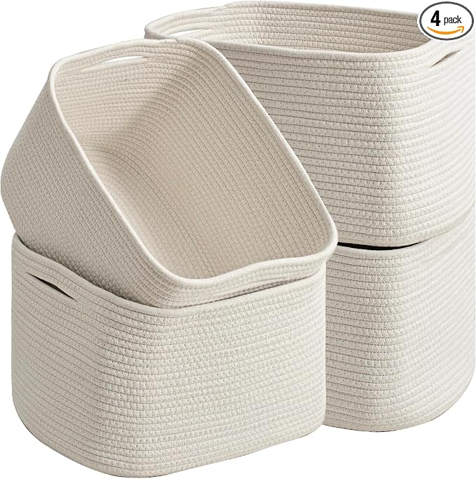 ICERZCZ Woven Cotton Rope Storage Baskets for Organizing & Shelves, Organization Bins for Dog Toys, Clothes, Books, Nursery Organizer, 15"x11"x9", Off White (4 Packs) by ICERZCZ