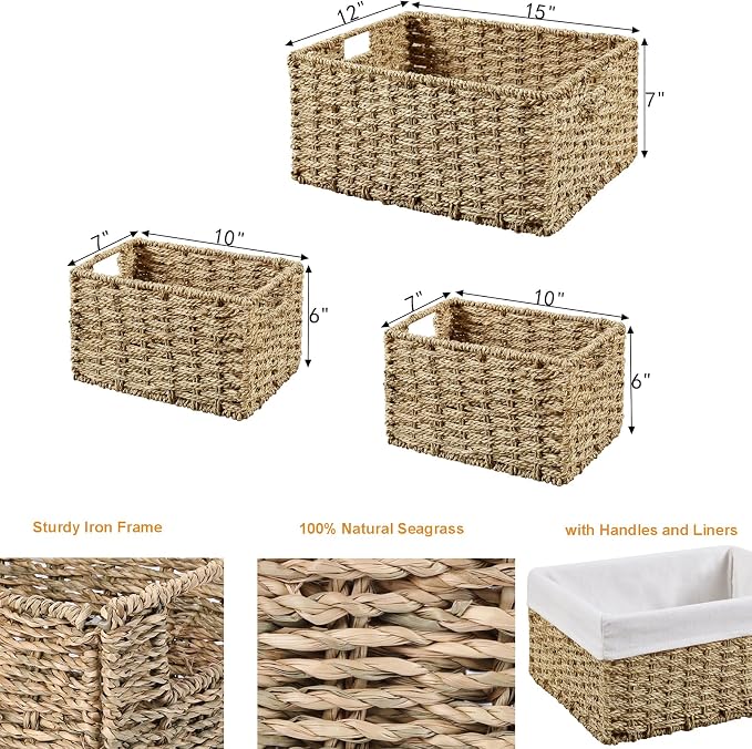 Wicker Basket, Seagrass Wicker Storage Basket with Built-in Handles, Baskets for Organizing, 15'' Large Storage Baskets for Shelves with Liner bathroom organizer (3-Pack Seagrass Baskets Set) - Image 6