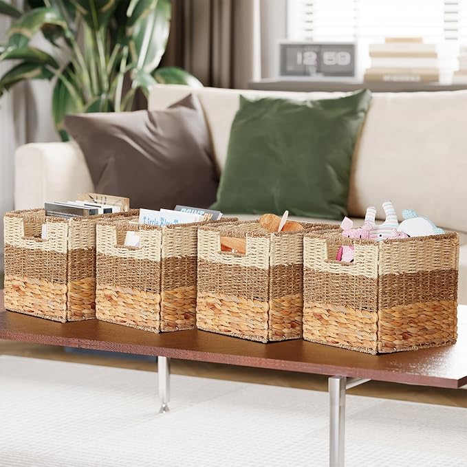 SpaceAid 4 Pack 3 Pattern Design Wicker Basket, Baskets for Organizing, Storage Rattan Basket with Handles for Shelves, Woven Cube Storage Bin Organizer, 10.5x10.5x10.5 inch, Natural - Image 5