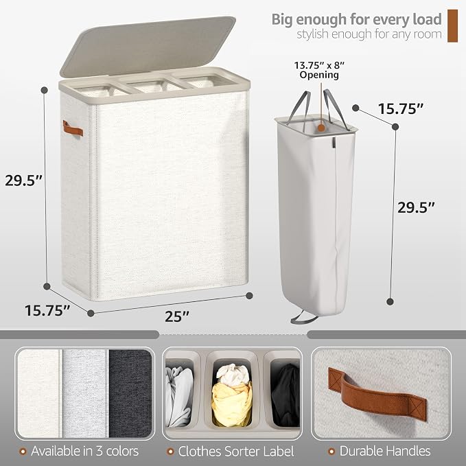Sorbus Laundry Hamper with Lid - Collapsible 3-Compartment Fabric Laundry Basket with Handles and Removable Laundry Bag – 50 Gallon (190 L) Dirty Clothes Hamper for Bedroom, bathroom and dorm (Beige) - Image 2