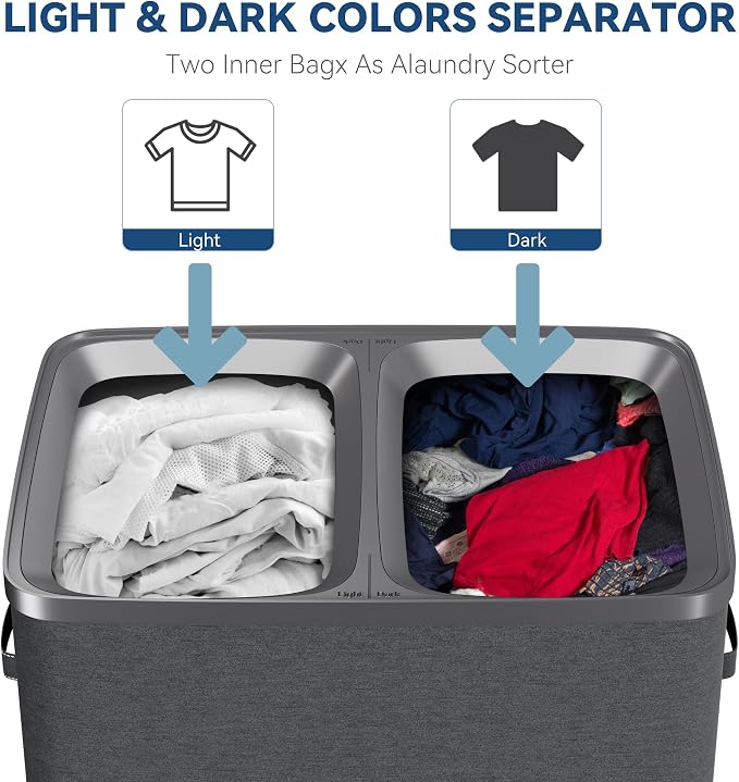 Dual Section 90 liter/23.8 gallon Laundry Hamper Separation Basket with lid, 2 Removable Washing Bags with Handles,Large Laundry Sorter for Easy Clothes Separation - Dark Gray - Image 3