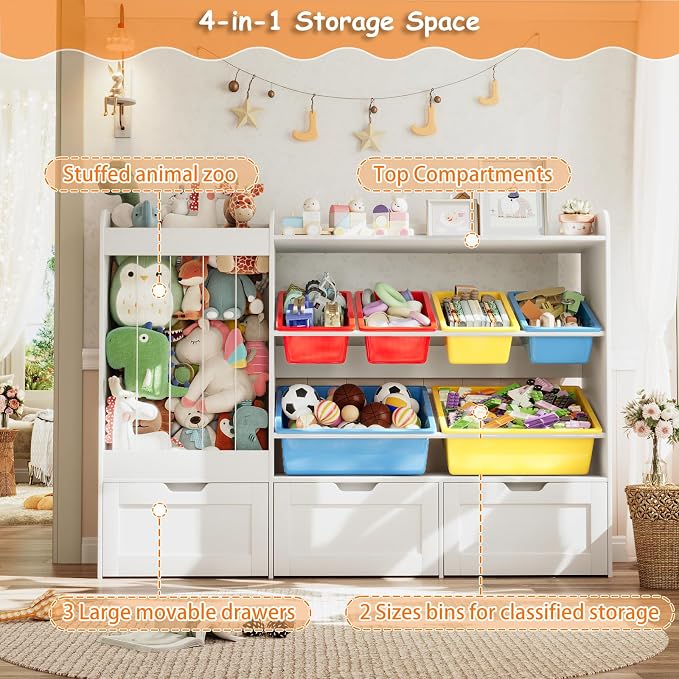 50.6" W x 41.3" H Wooden Toy Storage Organizer Cabinet | 140L Stuffed Animal Storage, 6 Plastic Bins & 3 Rolling Drawers, Color Storage Bins for Playroom Nursery Home Decor, White - Image 3
