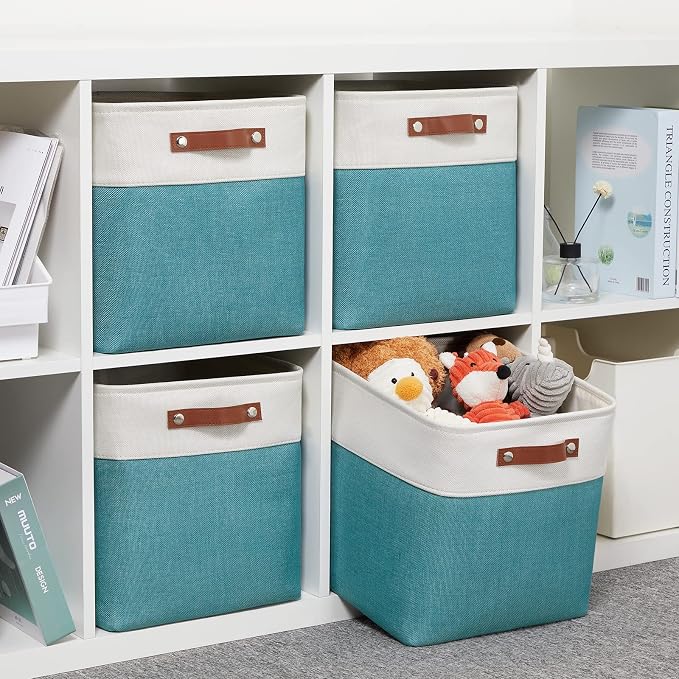 DULLEMELO Square Storage Cubes Baskets for Gifts Empty, 12 inch Cube Stroage Bins Linen Closet Organizers and Storage Baskets for Toy Nursery Shelves Bedroom Storage(4 Pack - 12" White&Teal) - Image 3
