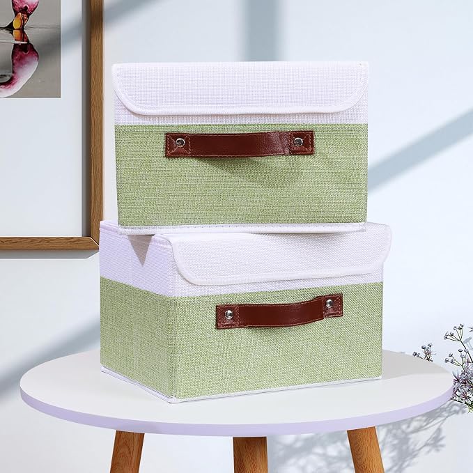 ANMINY Fabric Storage Box Bins with Lids, Green White, 10"x8"x7", 4 Pack | Keepsake Memory Storage, Cotton Linen, PP Board Reinforced, Washable, PU Handles, Foldable & Stackable, Decorative, Small - Image 6