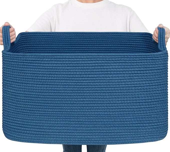 Goodpick Large Woven Rope Blanket Basket, Rectangle, Dark Blue | 21.6'' x 14.9'' x 11.8'' Storage Basket for Blankets & Toys, Living Room, Bedroom & Nursery Organization, Reinforced Handles by Goodpick