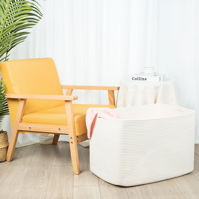 112L Extra Large Blanket Basket Holder Living Room, 25"x17"x16" Rectangle Rope Woven Storage Basket with Handles for Laundry, Towels, Shoes, Dog Toy Organizer Bin Box, Creamy White - Image 4