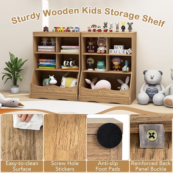 HONEY JOY Kids Toy Storage Organizer with Bookcase, 4-Cubby Organization Storage Cabinet w/Display Shelf, Wooden Toy Storage Unit for Playroom, Nursery Daycare (Natural) - Image 6