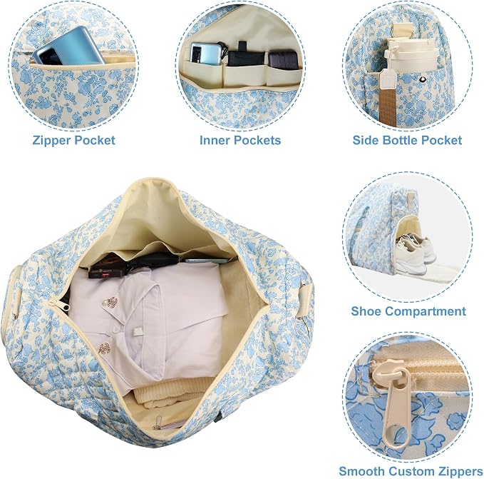 Quilted Floral Duffel Bag 2 Pack Weekender with Shoe Compartment | Women’s Overnight Hospital Bag for Labor Delivery, Travel Carry On Duffel with Toiletry Pouch for Gym & Weekend Getaway - Image 5
