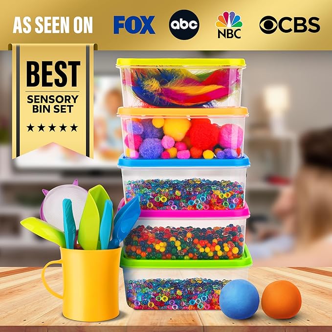 Sensory Kit for Toddlers and Kids - Includes 6 Bins with Lids, Play Tools, Sand, Feathers, Clay, Color Beads and Pom Poms Kids Box Fillers - Image 3