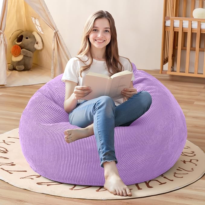 2.5FT Bean Bag Chair,Teardrop Bean Bags with Memory Foam Filled | Beanbag Chairs with Handle,Teardrop Bean Bag Sofa with Corduroy Machine Washable Cover for Living Room,Bedroom-Purple by Cansunna