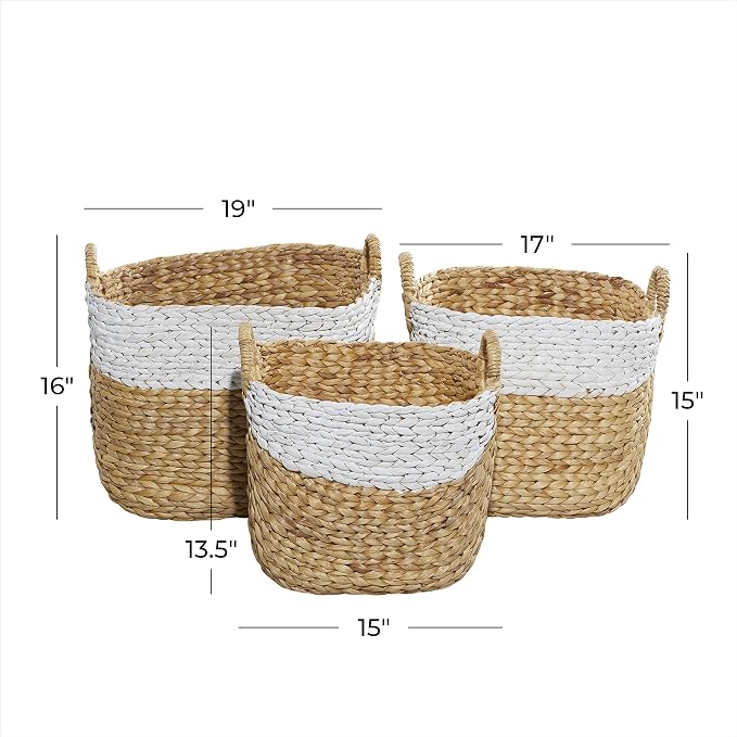 Deco 79 Seagrass Handmade Two Toned Storage Basket with Handles, Set of 3 19", 17", 15"W, Brown - Image 3