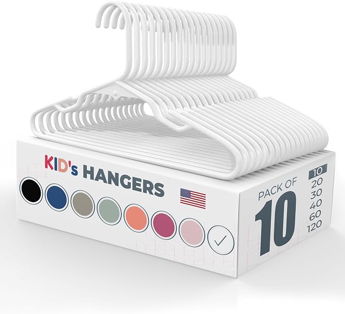 Plastic 12” Kids Hangers 10 Pack – Made in the USA – 5lb Capacity Baby & Toddler Clothes Hangers with Notches & Reinforced Edges – Fits Children’s Sizes Up to 8 – White by NeatiesHangers