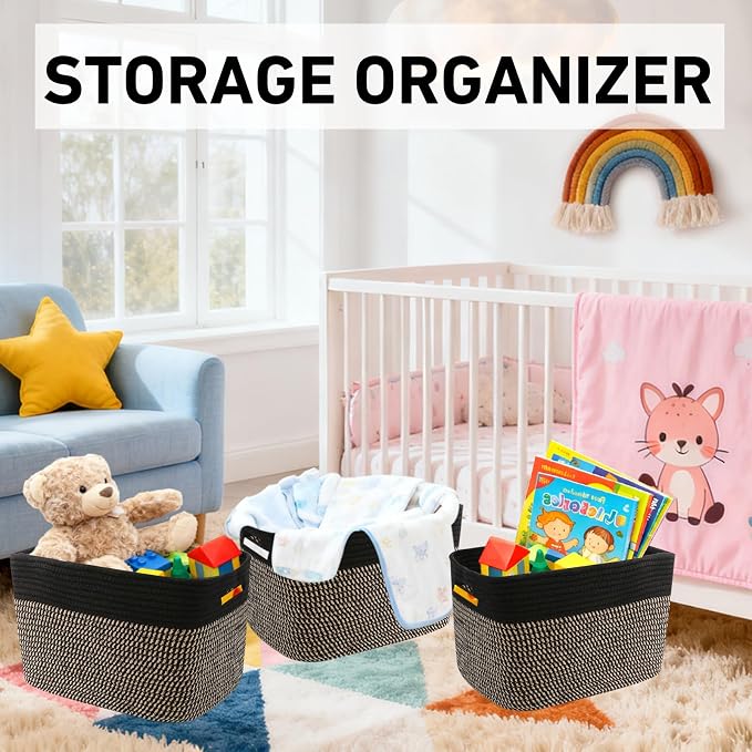 3 Pack Woven Baskets,Storage Baskets for Shelves with Handles | 13.5"×11"×9.5", Closet Baskets, Nursery Organizer for Toys Towels Books, Storage Bin for Living Room Bedroom (Black & Jute) - Image 5