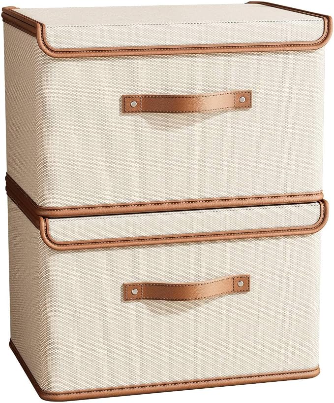 Tuza 2 Pack Storage Bins with Lids, Collapsible Closet Organizer Container, Fabric Organizer Box with Handles, Decorative Storage Boxes with Lids for Organizing Clothes, Books, File, White, Large by LOVEWHEREYOULIVE