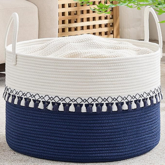 KAKAMAY Large Blanket Basket with Handles, Storage Basket for Living Room | Extra Large Capacity | Natural Cotton Rope | Blanket Storage | Woven Storage Basket | Stuffed Animal Storage | Laundry Basket by KAKAMAY
