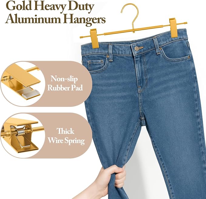 Matte Gold Aluminum Pants Hanger with Adjustable Clips, 10 Pack | Non-Slip, Sturdy Metal, 360° Swivel Hooks, Heavy-Duty & Space-Saving Closet Organizer for Pants, Skirts, Kids & Adults - Image 3