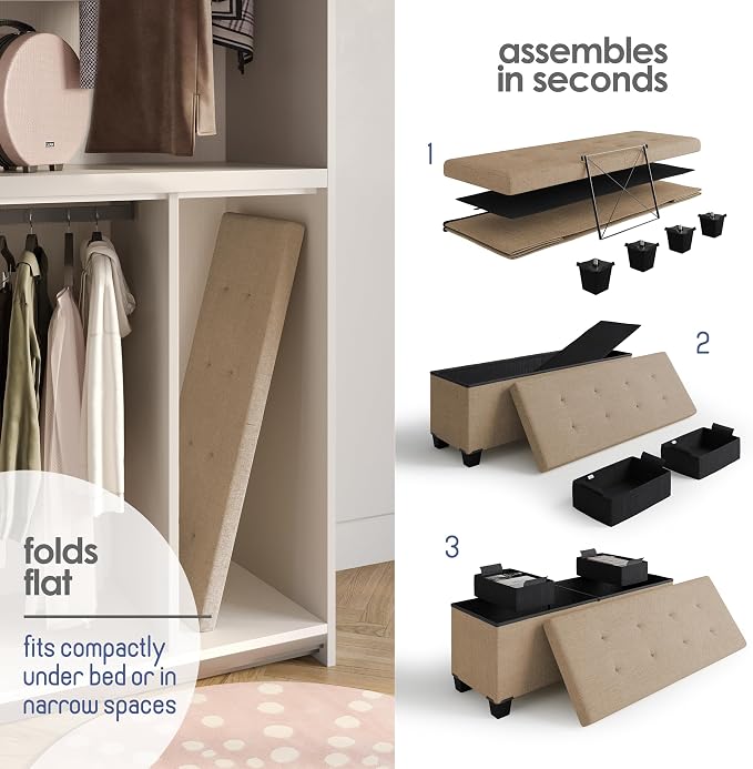 Storage Ottoman Bench with Bins, 43-in Storage Bench for Bedroom End of Bed, Folding Foot Rest Ottoman for Living Room Max 660lbs, Fabric Ottomans, Taupe - Image 6