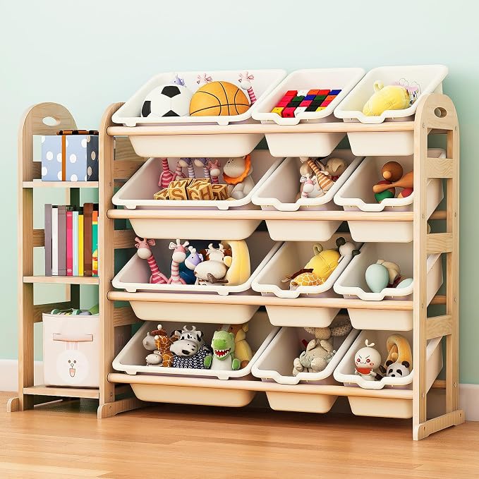 Toy Storage Organizer, Wooden Toy Organizers and Storage with Bookshelf, Toy Storage Shelf with 3 Shelves and 12 Storage Bins, Kids Bookshelf for Playroom, Nursery, Bedroom, Bookcase for Kids, White by Orekemo