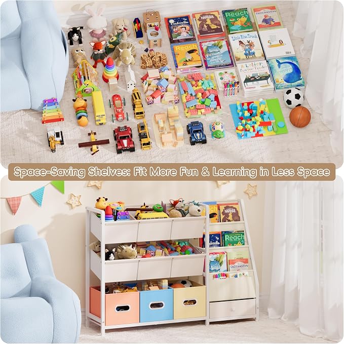 Toy Storage Organizer - Kids Bookshelf with 3 Shelf and 10 Storage Bins | Montessori Playroom Storage for Toddler, Baby, book shelf for kids rooms - Image 5