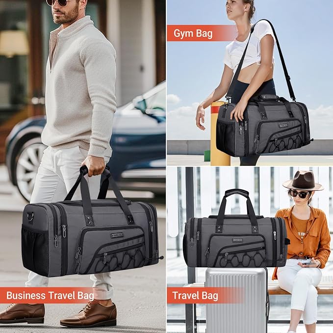 WITZMAN Mens Duffle Bag Expandable 50L Travel Gym with Shoe Compartment | Nylon, Large, With Dry-wet Pocket, Fits 16" Laptop, Carry-on Bag, For Sports Weekender Overnight, B695 Silvery Grey - Image 2