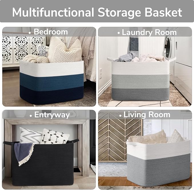Goodpick 105L Extra Large Woven Blanket Basket Cotton Rope Storage Baskets for Organizing, Rectangle Baby Laundry Basket for Living Room Home Decor, 25"x16"x16", White & Gray - Image 4