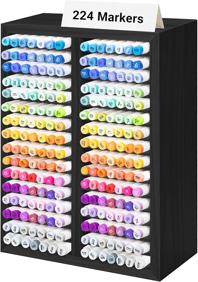 PROLEE Marker Organizer for 224 Markers, Wooden Alcohol Marker Holder with 32 Compartments, Horizontal Art Pen and Pencil Storage Rack for Desk, Classroom and Studio, Black by Hamstercages