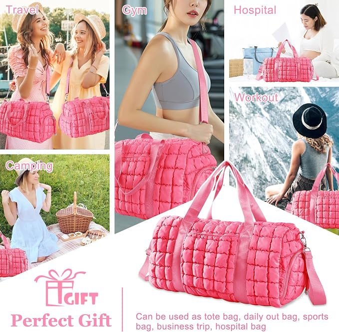 Quilted Travel Duffle Bag Gym Bag for Women,Large Puffer Duffle Weekender Bag with Compartment,Workout Overnight Carry on Organizer Bag Duffle Bag for Airplane Travel(Pink) - Image 7