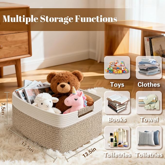 3 Pack Large Storage Basket for Organizing, 17.5"x13"x7" Woven Basket for Shelves, Closet Cube Storage Bins with Wrapped Handle, Cotton Rope Baskets for Kitchen, Clothes, Toys(Off White & Brown) - Image 3