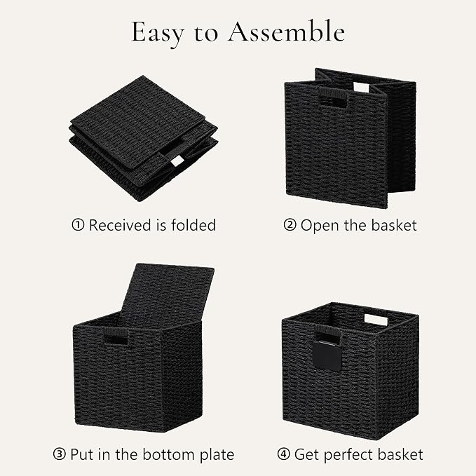 UBBCARE 2 Pack Wicker Basket, 13×13 Storage Cubes with Label, Foldable Cube Storage Bin with Handle, Square Storage Basket for Shelves, Woven Paper Rope Basket for Organizing, Black - Image 7