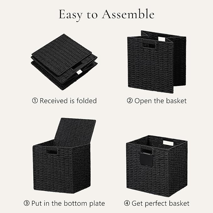 UBBCARE 4 Pack Wicker Basket, 10.5×10.5 Storage Cubes with Label, Foldable Cube Storage Bin with Handle, Square Storage Basket for Shelves, Woven Paper Rope Basket for Organizing, Black - Image 7