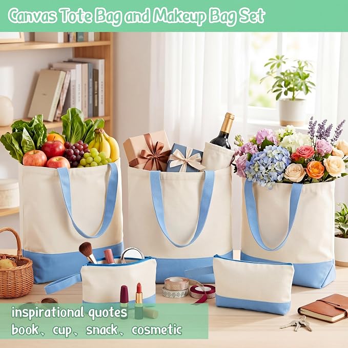 Sanwuta 30 Pcs Canvas Tote Bags Bulk with Zipper Cosmetic Pouch,Light Blue | 18.5" Reusable Cotton Shopping Bag with Handle for DIY Craft - Image 5