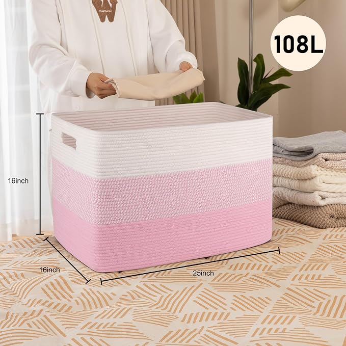 OIAHOMY 108L Extra Large Blanket Basket Dog Toy Basket Pink&White | Rectangle Woven Baskets for Storage Cotton Rope Basket For Living Room Toy Storage Blanket Storage Laundry Basket - Image 2