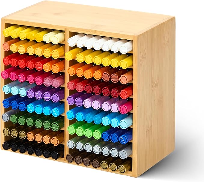 MEEDEN Bamboo Marker Holder Organizer: Holds 126 Pens with 18 Compartments- Art Supply Storage & Holder for Alcohol Markers，Pens，Pencils by MEEDEN