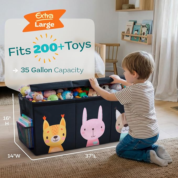 SoftOwl Extra Large Toy Storage Organizer with Lid - Sturdy, Collapsible Toy Chest Storage Box with Cute Design - Toys Bin with Dividers for Kids, Boys, Girls, Nursery, Bedroom, Play room 37"x16"x14" - Image 2