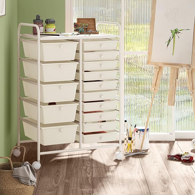 15 Drawer Rolling Storage Cart, Rolling Cart with Drawers for Classroom, Art Supply Craft Organizer on Wheel with Metal Frame & Handles for Home Office School - Image 2