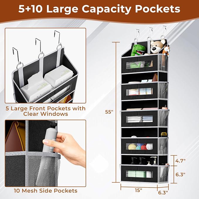 2 Pack 5 Tier Over The Door Organizer Space-Saving Storage for Any Room | Black Hanging Closet Organizer with 10 Mesh Pockets and Clear Windows, Closet Organizers and Storage for Bathroom, Bedroom - Image 2
