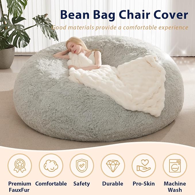Bean Bag Covers Only, Fluffy Stuffed Beanbag Chair Covers No Filler, Washable Bean Bags Cover for Adults, Stuffed Animal Bean Bag Anti-Slip, 6FT, Light Grey - Image 5