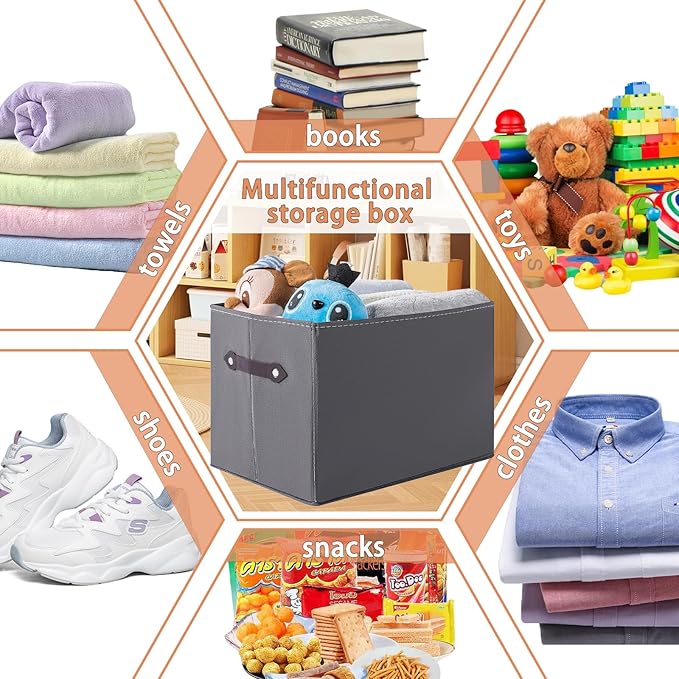 1 Pack Large Collapsible Storage Baskets for Shelves,14.9"x9.5" Fabric Closet storage Boxes with Leather Handles,Decorative Organizers Storage Bins for Clothes,Sheets,Toys,Books,(Gray) - Image 3