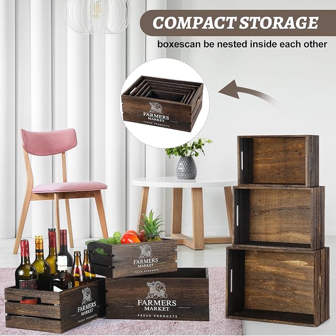 Barydat Set of 5 Wood Crates for Display Decorative Nesting Wooden Crate Storage with Handles Vintage Farmhouse Style Decorative Boxes Multipurpose Fruits Vegetables Boxes(Dusty Brown,Elegant) - Image 7