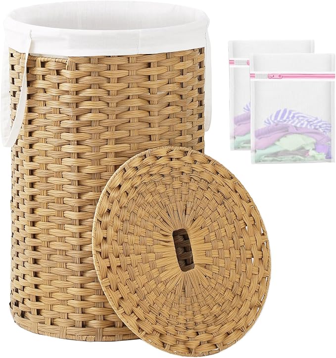 SETVSON Large Laundry Hamper Laundry Basket Round 34.3 Gal PE, Natural | 130L Jumbo Family PE Rattan Hamper, Removable Washable Liner Bag with Handles, 2 Mesh Wash Bags, Steel Frame, Foldable by SETVSON