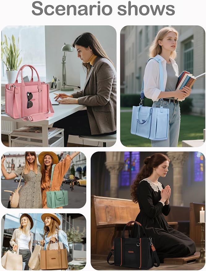 BESBESME Women’s Canvas Tote Bag with Zipper and Compartments – Multi-Pocket Laptop Work Crossbody Shoulder Tote Purse - Image 5