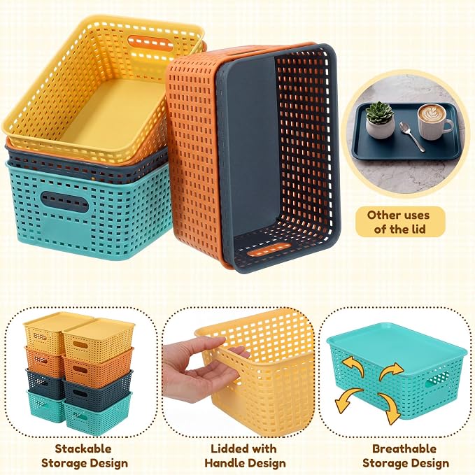 12 Pack Plastic Storage Baskets with Lids Stackable Organizing Bins Storage Baskets Organizers and Containers for Closet, Pantry, Office, 10.2 x 7.2 x 4.1 Inches(Boho Color) - Image 5