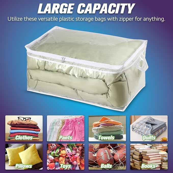 Large Storage Bag for Clothes, Jumbo Zipper Totes | 20 Gallon xxl, Flexible, Clear Extra Thick Plastic, Reinforced Handles, Double Zip - Image 5