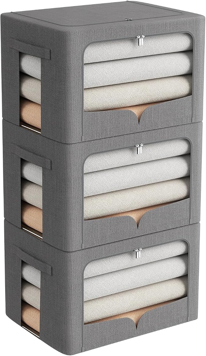 FHSQX 3 Pack Clothes Storage Bins with Metal Frame | Dark Gray, 15.7x11.8x11.8inch (36L) ,Foldable, Stackable Linen Fabric, Carrying Handles, Clear Window by FHSQX